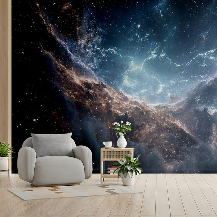 Nebula Canyon Lightning Mural Wallpaper | Blue and Gold Cosmic Storm, Dramatic Depth, Starry Sky