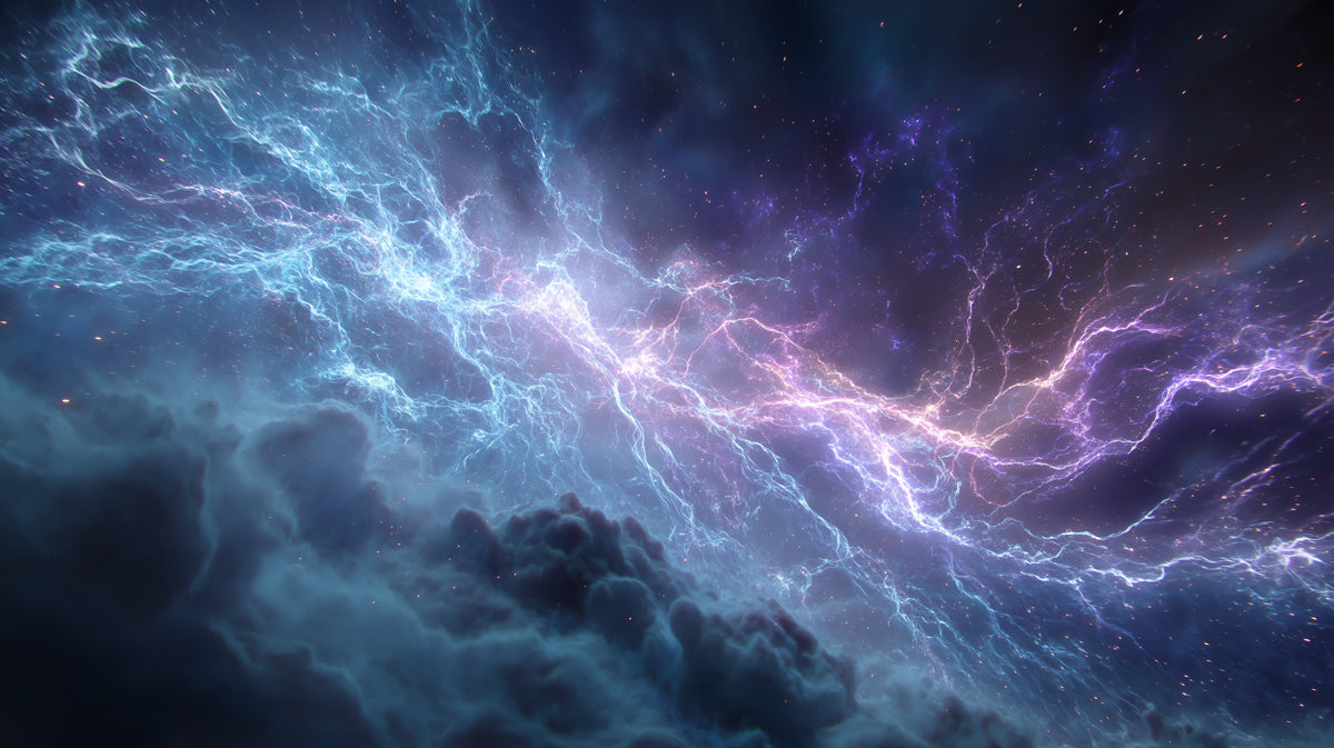 Blue and Purple Lightning Nebula Mural Wallpaper | High-Energy Cosmic Storm, Electrified Space Clouds