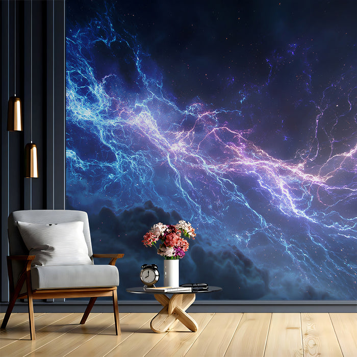 Blue and Purple Lightning Nebula Mural Wallpaper | High-Energy Cosmic Storm, Electrified Space Clouds