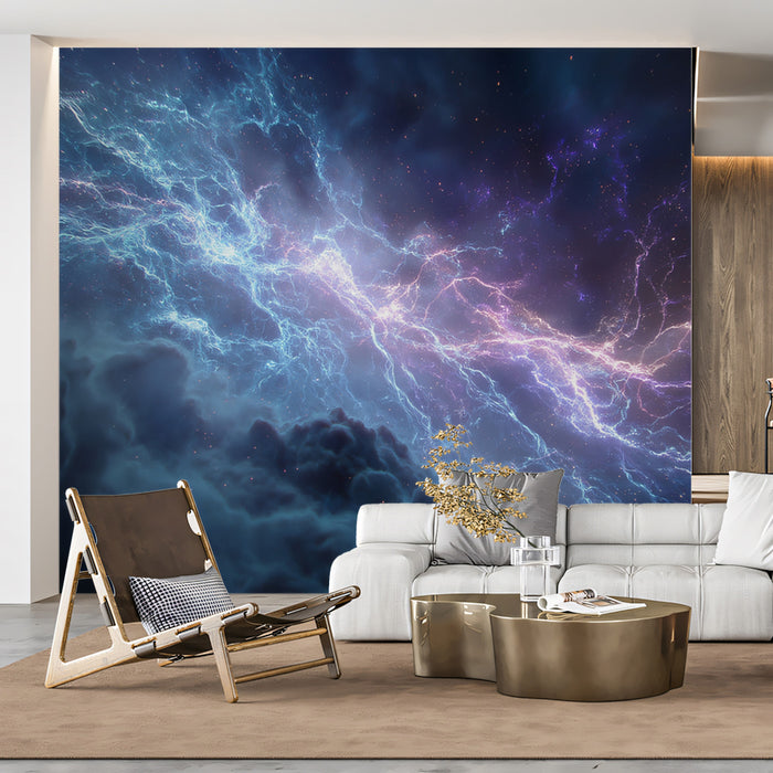 Blue and Purple Lightning Nebula Mural Wallpaper | High-Energy Cosmic Storm, Electrified Space Clouds