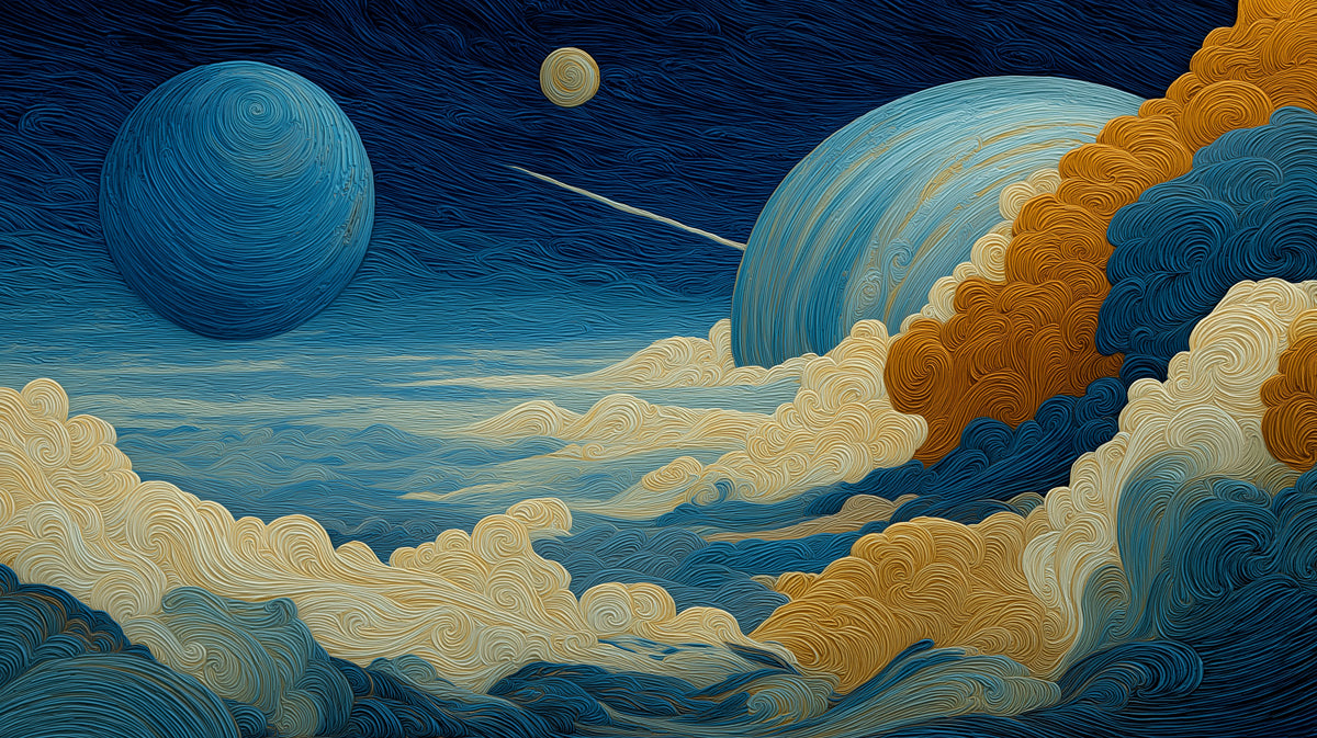 Textured Planet and Cloudscape Mural Wallpaper | Artistic Fiber Look, Blue and Gold Contrast, Celestial View