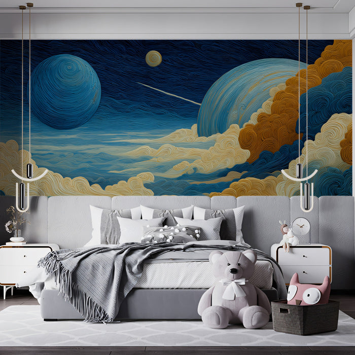 Textured Planet and Cloudscape Mural Wallpaper | Artistic Fiber Look, Blue and Gold Contrast, Celestial View