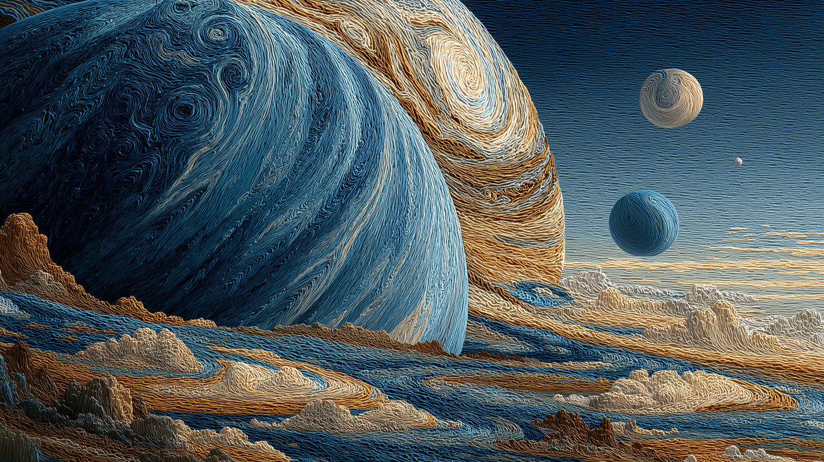 Macro-Textured Gas Giant Mural Wallpaper | Fiber Art Jupiter, Close-Up View, Earth and Blue Tones