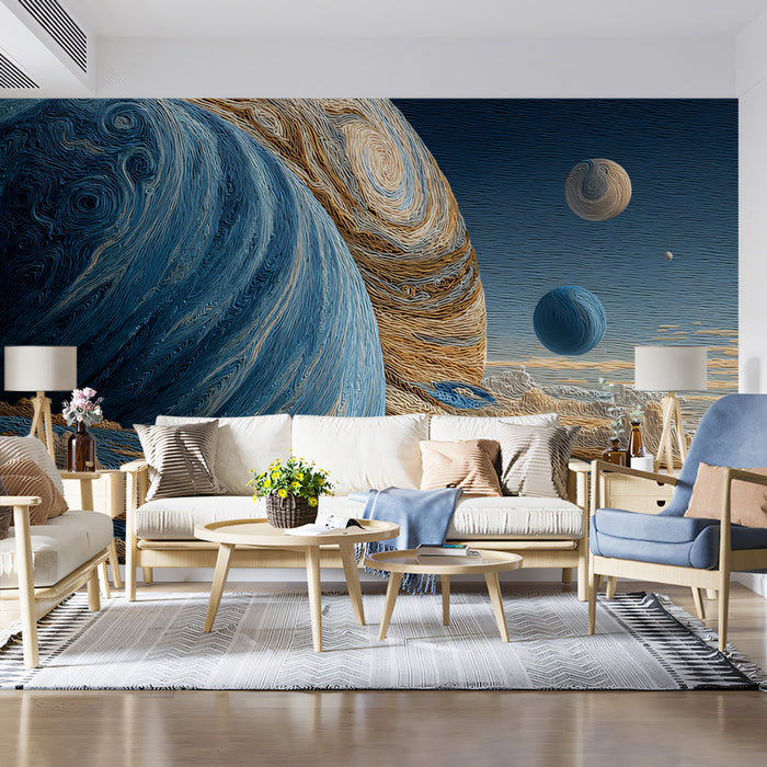 Macro-Textured Gas Giant Mural Wallpaper | Fiber Art Jupiter, Close-Up View, Earth and Blue Tones