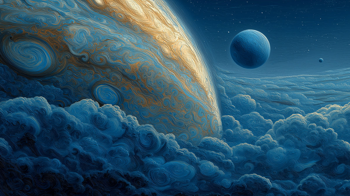 Blue and Gold Cosmic Embroidery Mural Wallpaper | Textured Planetary View, Artistic Cloudscape, Deep Blue