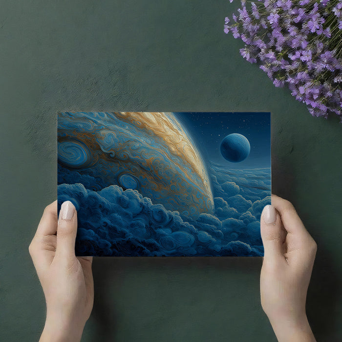 Blue and Gold Cosmic Embroidery Mural Wallpaper | Textured Planetary View, Artistic Cloudscape, Deep Blue