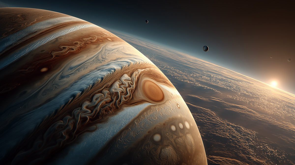 Hyper-Realistic Gas Giant Close-Up Mural Wallpaper | Great Red Spot, Moons and Sunrise, Cinematic Space