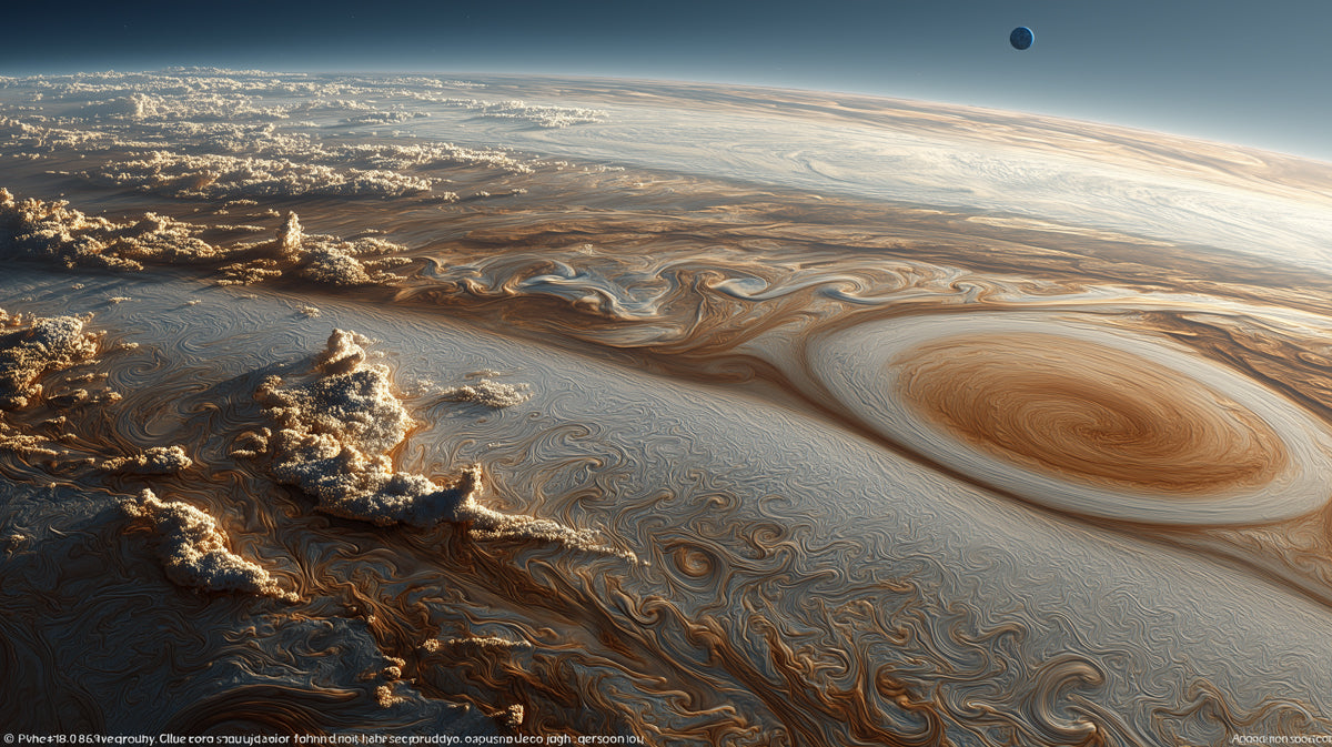 Icy Gas Giant Vortex Mural Wallpaper | Cool Tones, Close-Up Storm Patterns, Subtle Satellite