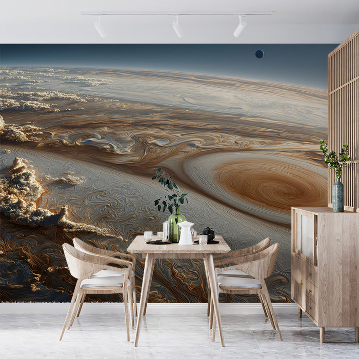 Icy Gas Giant Vortex Mural Wallpaper | Cool Tones, Close-Up Storm Patterns, Subtle Satellite
