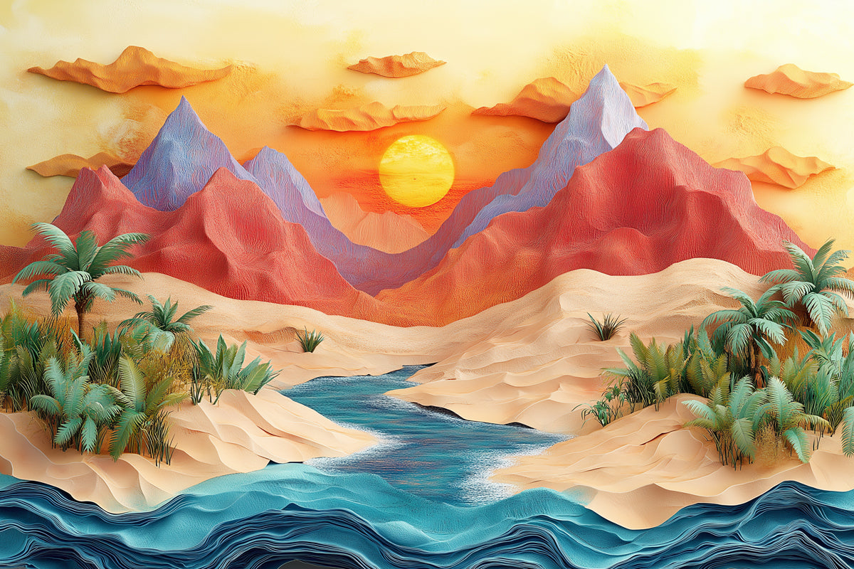 Desert Sunset Mural Wallpaper in Living Room | Various Colors (Orange, Red, Blue, etc.) of Desert Sunset