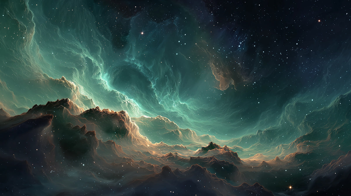 Teal and Gold Cosmic Cavern Mural Wallpaper | Nebula Landscape, High Contrast, Deep Space Drama