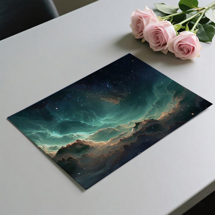 Teal and Gold Cosmic Cavern Mural Wallpaper | Nebula Landscape, High Contrast, Deep Space Drama