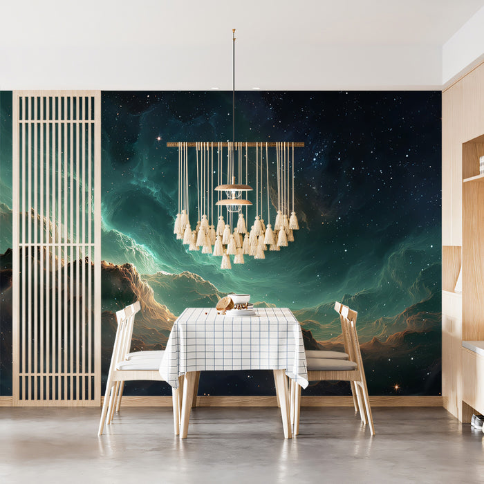Teal and Gold Cosmic Cavern Mural Wallpaper | Nebula Landscape, High Contrast, Deep Space Drama