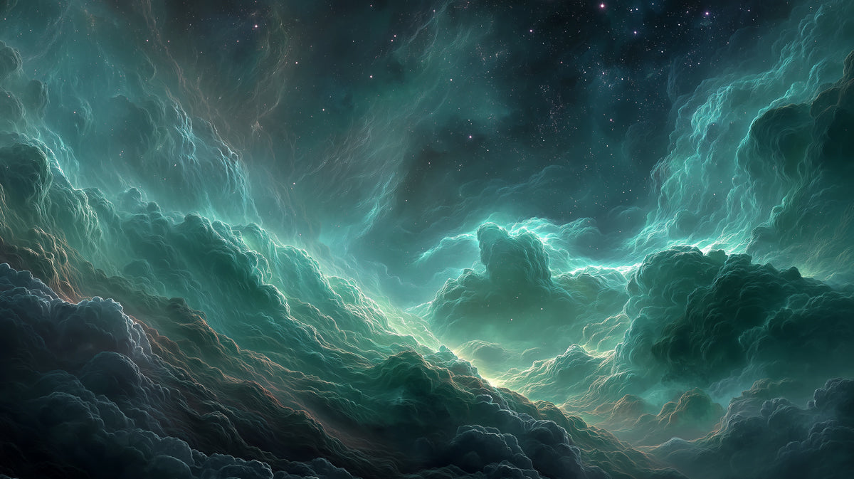 Jade and Emerald Nebula Canyon Mural Wallpaper | Cool-Toned Cosmic Clouds, Star-Forming Glow, Deep Space
