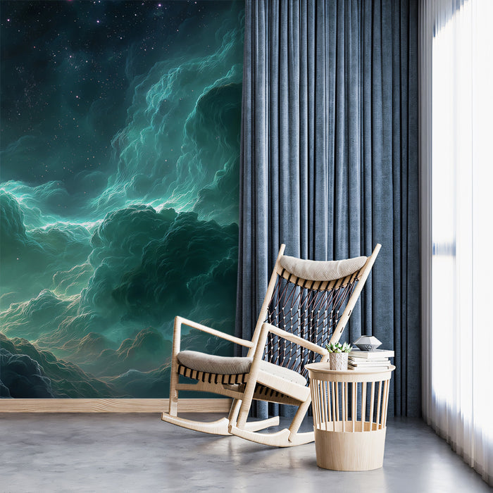 Jade and Emerald Nebula Canyon Mural Wallpaper | Cool-Toned Cosmic Clouds, Star-Forming Glow, Deep Space