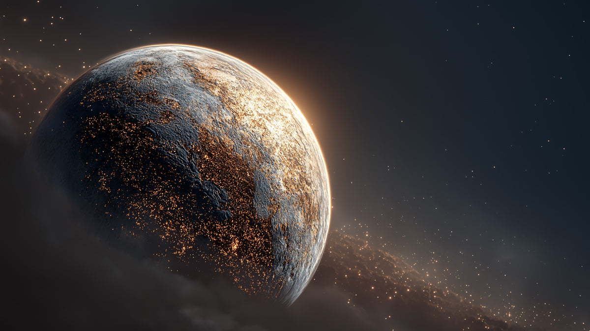 Night-Side City Lights Planet Mural Wallpaper | Illuminated Globe, Dark Orbit, Cosmic Contrast