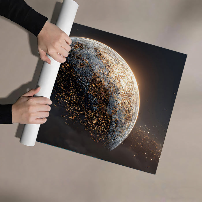 Night-Side City Lights Planet Mural Wallpaper | Illuminated Globe, Dark Orbit, Cosmic Contrast