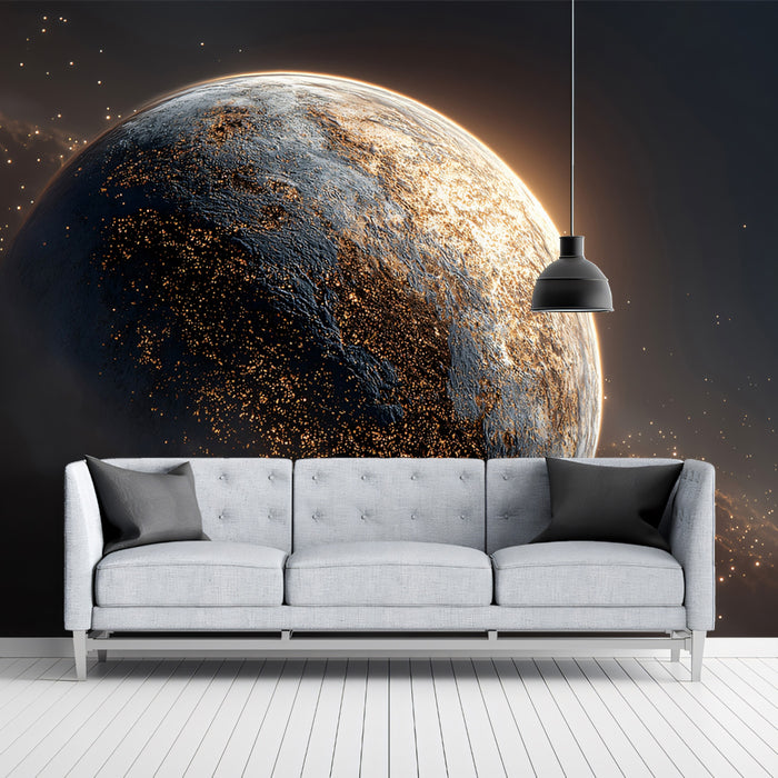 Night-Side City Lights Planet Mural Wallpaper | Illuminated Globe, Dark Orbit, Cosmic Contrast