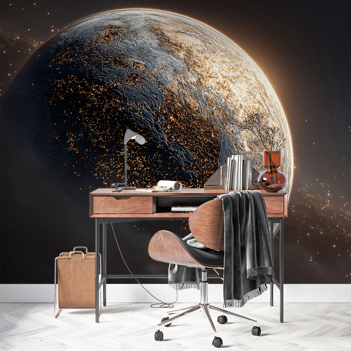 Night-Side City Lights Planet Mural Wallpaper | Illuminated Globe, Dark Orbit, Cosmic Contrast