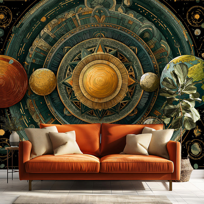 Geocentric Cosmic Map Mural Wallpaper | Mythological Planet Alignment, Teal and Gold Dominant, Dense Pattern