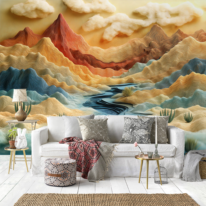 Colorful Mountain Landscape Mural Wallpaper in Living Room | Various Colors (Orange, Yellow, Blue, etc.) of Colorful Mountain