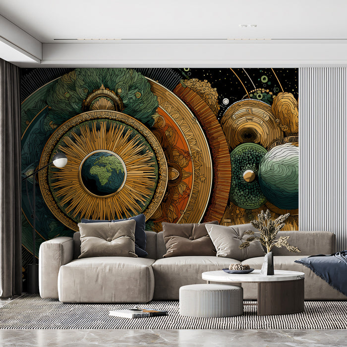 Cosmic Balance Mandala Mural Wallpaper | Central Earth Focus, Green and Gold Symmetry, Earth-Toned Art