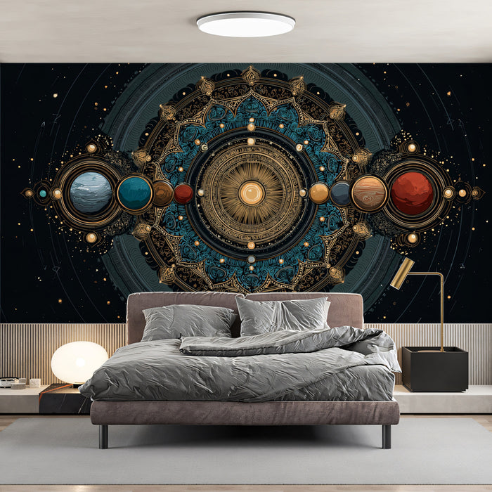 Planetary Alignment Mandala Mural Wallpaper | Solar System Focus, Teal and Gold Symmetry, Intricate Detail