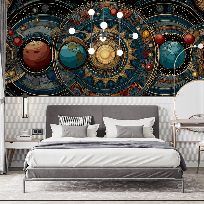 Geocentric Cosmic Map Mural Wallpaper | Earth and Mars Focus, Gold and Teal Mechanical Rings, Sci-Fi Fusion