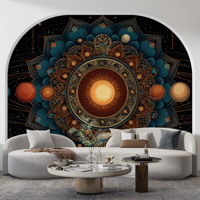 Lotus Solar System Mandala Mural Wallpaper | Teal and Gold Symmetery, Planetary Orbits, Spiritual Astronomy