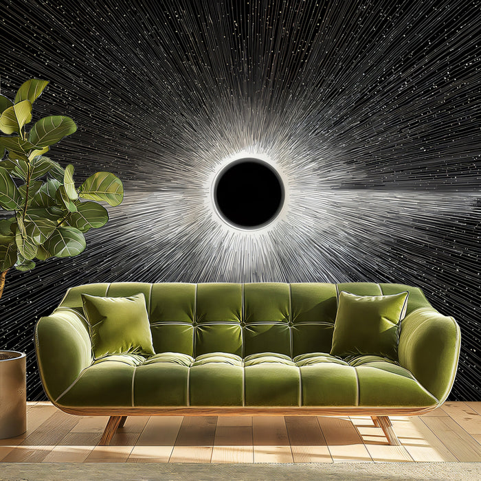 Digital Black Hole Light Burst Mural Wallpaper | Monochrome Science Art, Vector Style, Extreme Contrast