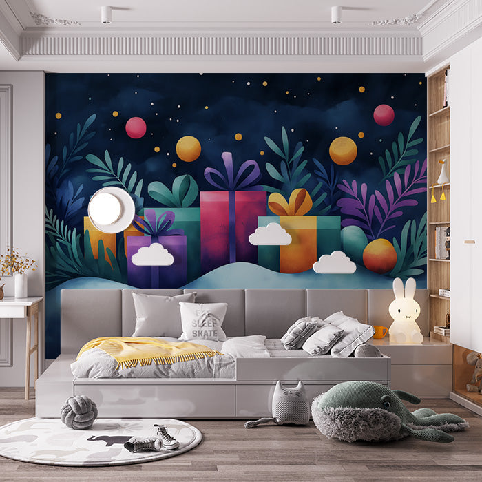 Gift and Night Sky Mural Wallpaper in Bedroom | Various Colors (Blue, Purple, Green, etc.) of Gift and Night Sky