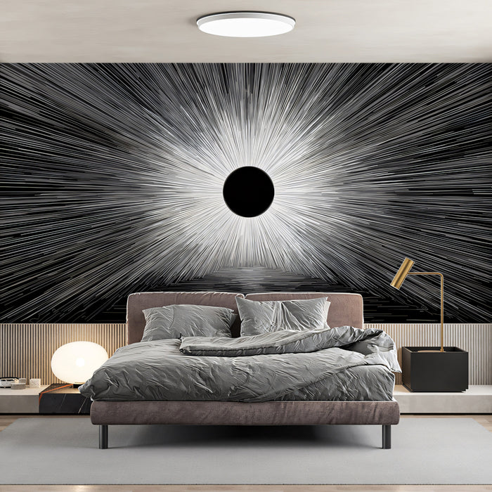 Solar Eclipse Light Burst Mural Wallpaper | Monochrome Graphic, Foreground Reflection, Dramatic Black/White