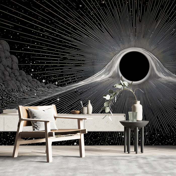 Extreme Gravity Black Hole Illustration Mural | Cosmic Distortion, Engraved Starlight, Monochrome