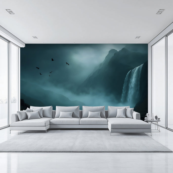 Moody Waterfall Valley Mural Wallpaper | Cinematic Atmosphere, Misty Blue-Gray Tones, Dark Landscape