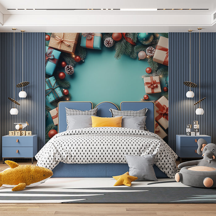 Christmas Gift Wreath Mural Wallpaper in Bedroom | Various Colors (Blue, Green, Red, etc.) of Christmas Gift