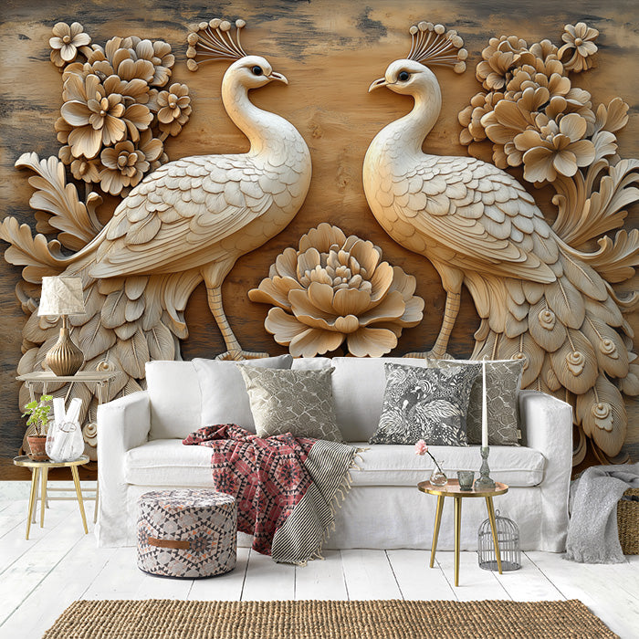 Peacock and Flower Relief Mural Wallpaper in Living Room | Various Colors (Teal, Brown, etc.) of Peacock and Flower