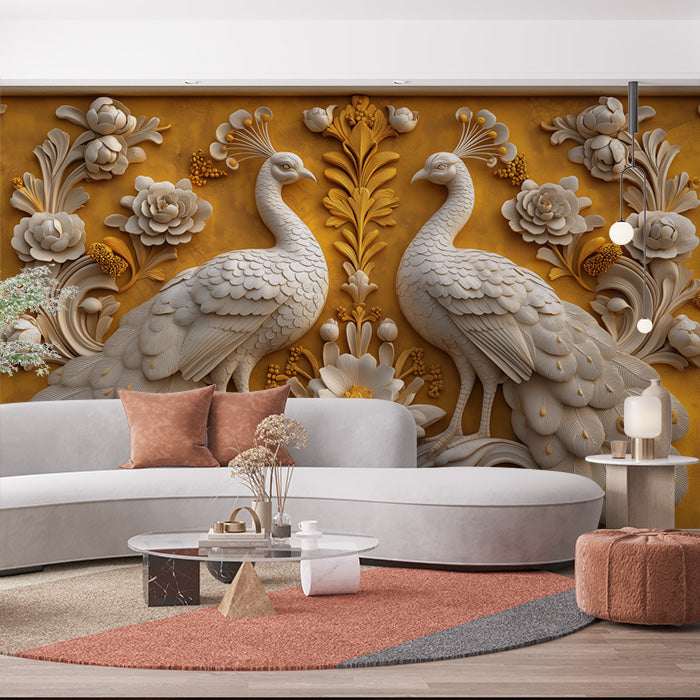 Peacock and Flower Relief Mural Wallpaper in Living Room | Various Colors (Teal, Brown, etc.) of Peacock and Flower