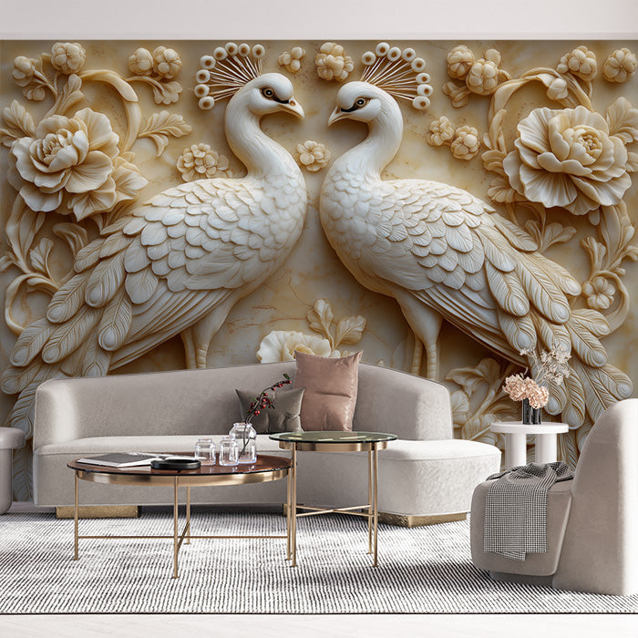 Peacock and Flower Relief Mural Wallpaper in Living Room | Various Colors (Teal, Brown, etc.) of Peacock and Flower