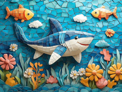 Mosaic Shark and Fish Mural Wallpaper in Bedroom | Various Colors (Blue, Orange, etc.) of Shark and Fish