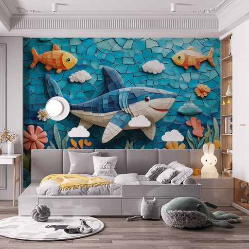 Mosaic Shark and Fish Mural Wallpaper in Bedroom | Various Colors (Blue, Orange, etc.) of Shark and Fish