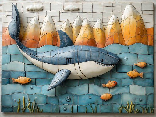 Mosaic Shark and Fish Mural Wallpaper in Bedroom | Various Colors (Blue, Orange, etc.) of Shark and Fish