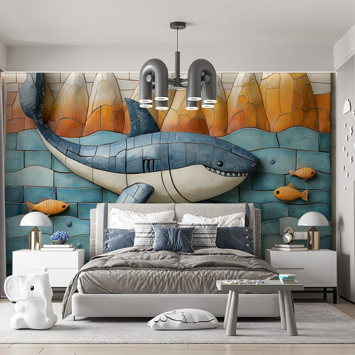 Mosaic Shark and Fish Mural Wallpaper in Bedroom | Various Colors (Blue, Orange, etc.) of Shark and Fish