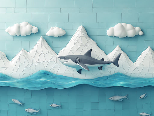 Mosaic Shark and Fish Mural Wallpaper in Bedroom | Various Colors (Blue, Orange, etc.) of Shark and Fish