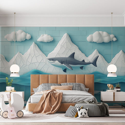 Mosaic Shark and Fish Mural Wallpaper in Bedroom | Various Colors (Blue, Orange, etc.) of Shark and Fish
