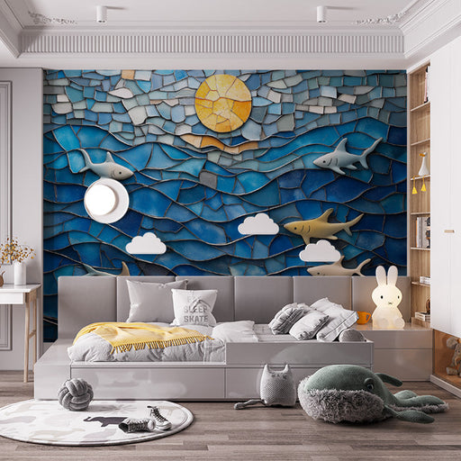 Mosaic Ocean and Sharks Mural Wallpaper in Bedroom | Various Colors (Blue, Yellow, etc.) of Sharks
