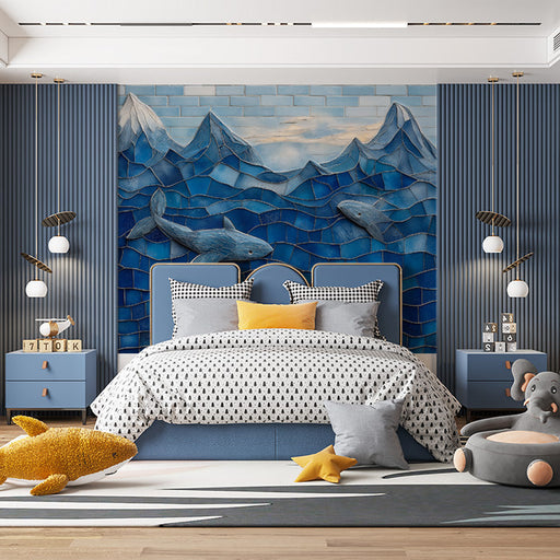 Mosaic Ocean and Sharks Mural Wallpaper in Bedroom | Various Colors (Blue, Yellow, etc.) of Sharks
