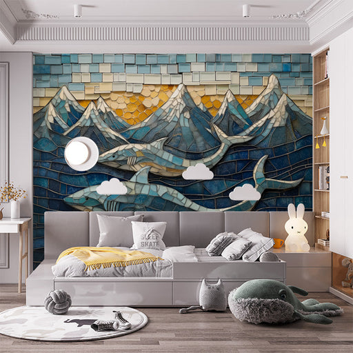 Mosaic Ocean and Sharks Mural Wallpaper in Bedroom | Various Colors (Blue, Yellow, etc.) of Sharks