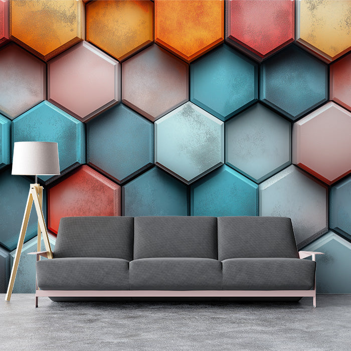 Hexagonal Geometric Mural Wallpaper in Living Room | Various Colors (Orange, Blue, etc.) of Hexagons