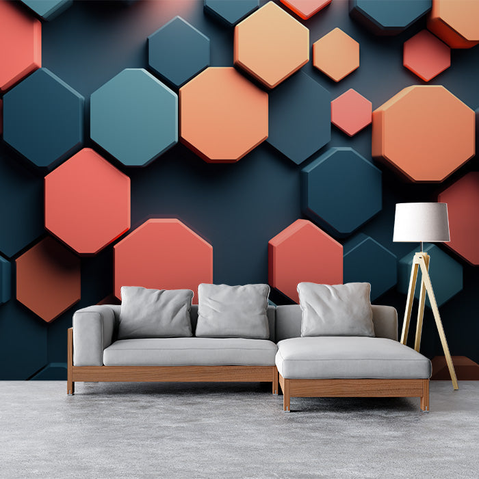 Hexagonal Geometric Mural Wallpaper in Living Room | Various Colors (Orange, Blue, etc.) of Hexagons
