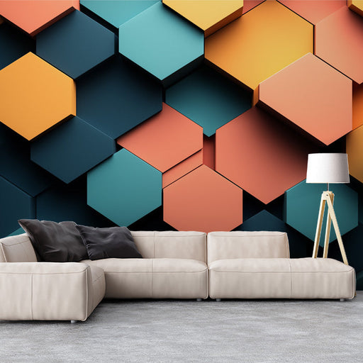 Hexagonal Geometric Mural Wallpaper in Living Room | Various Colors (Orange, Blue, etc.) of Hexagons
